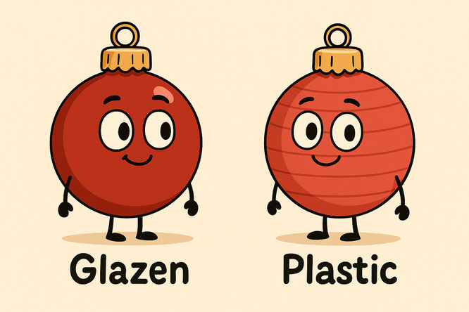 Het verschil tussen glazen en plastic kerstballen met opdruk